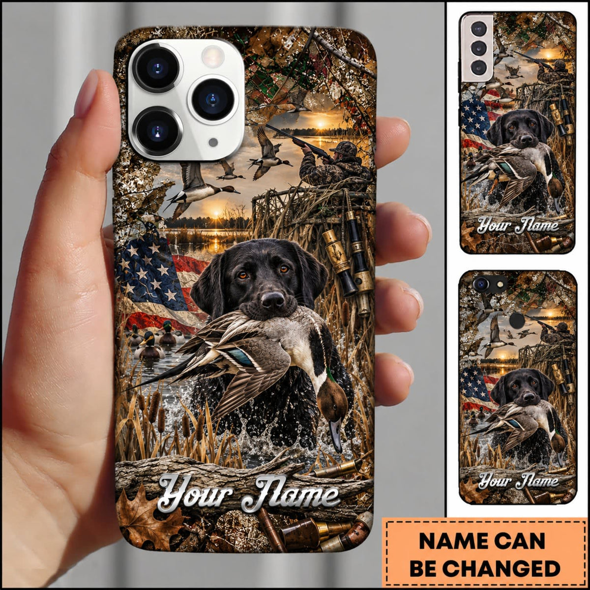 Maxcorners Duck Hunting German Shorthaired Pointer American Flag Golden Forest Personalized Name 3D Phone Case - Black Labrador Retriever - Pintail