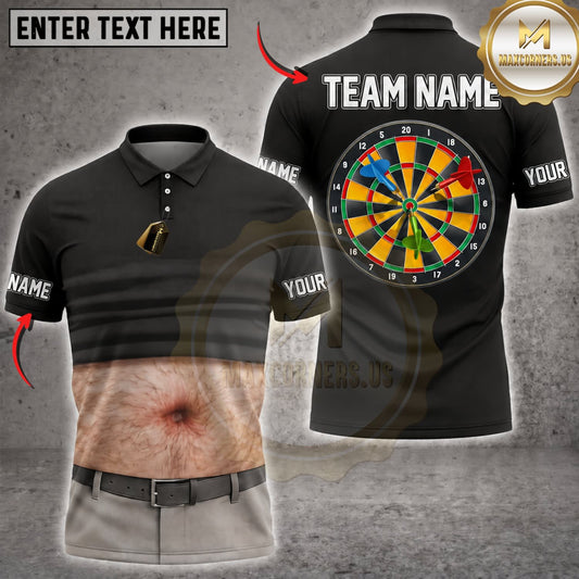 Maxcorners Darts Funny Fake Abs Black Polo Colorful Dartboard Personalized Name 3D Unisex Shirt