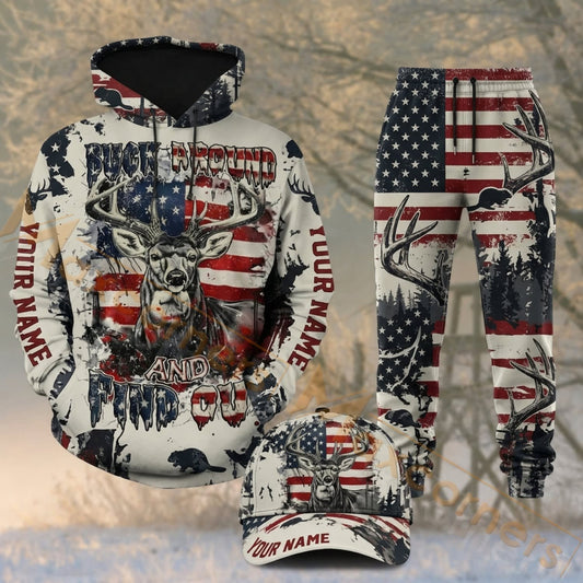 Maxcorners Hunting Patriotic Deer Skull American Flag White Camo Personalized 3D Shirts