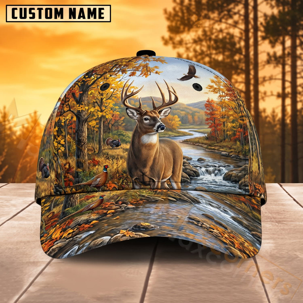 Maxcorners Deer Hunting Autumn Forest River Personalized Name 3D Cap
