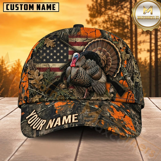 Maxcorners Turkey Hunting Wild Turkey American Flag Blaze Orange Woodland Camo Customized Name 3D Cap