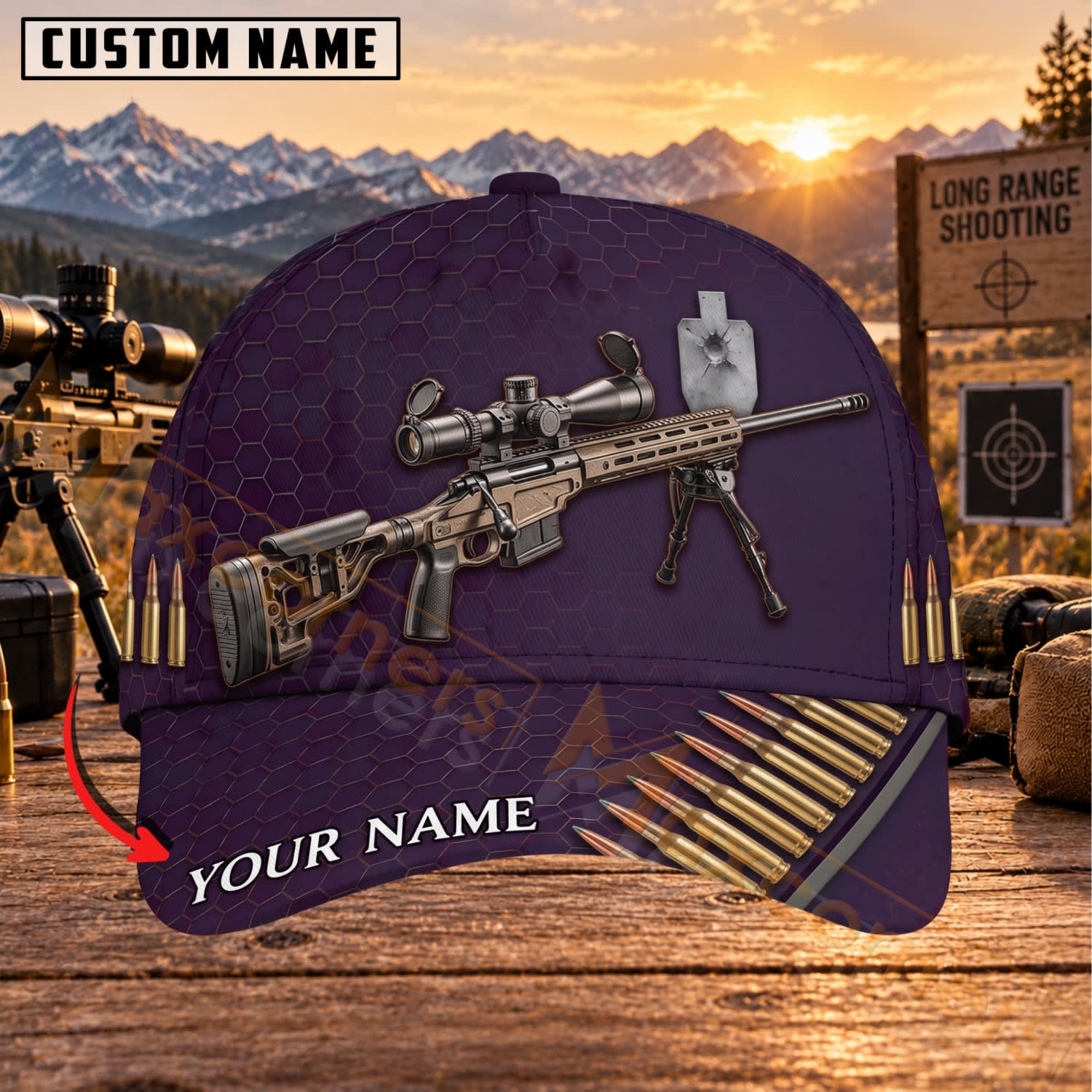 Maxcorners Long Range Shooting Purple Tactical Rifle Personalized Name 3D Cap