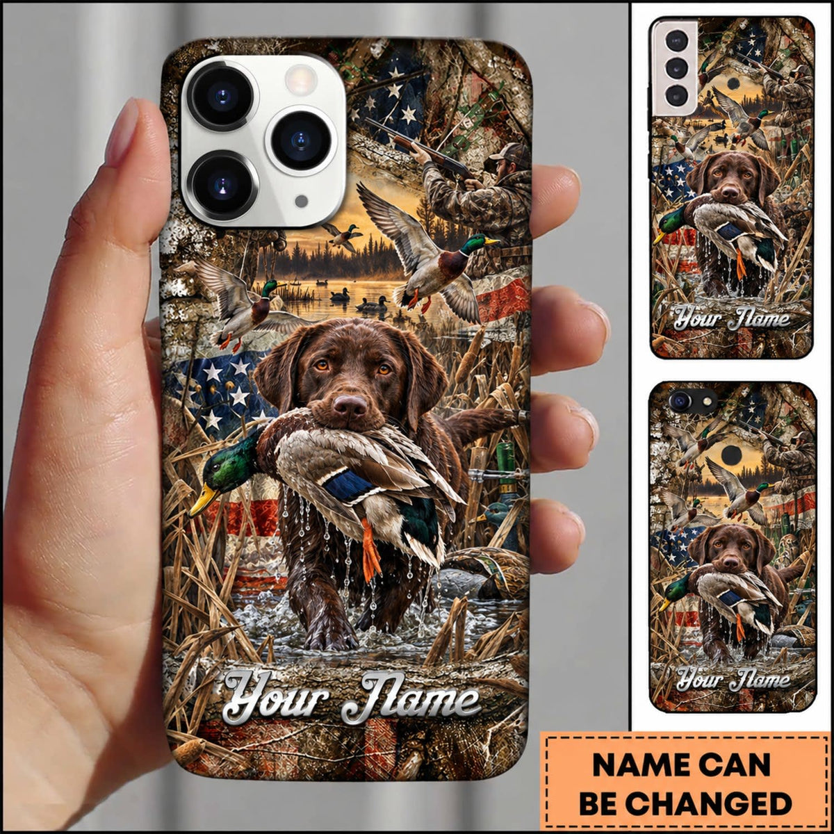 Maxcorners Duck Hunting German Shorthaired Pointer American Flag Golden Forest Personalized Name 3D Phone Case - Chocolate Labrador Retriever