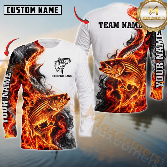 Maxcorners Fishing Fire Flame Smoke Design Sun Protection Personalized Name, Team Name Long Sleeve Shirt