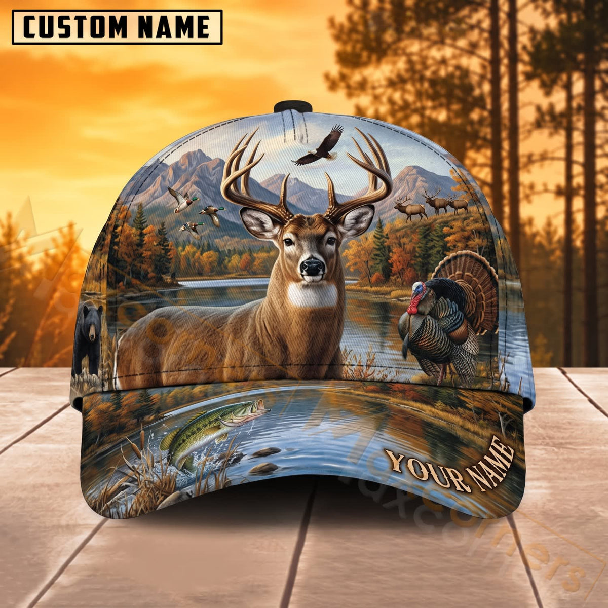 Maxcorners Deer Hunting River Landscape Wildlife Personalized Name 3D Cap