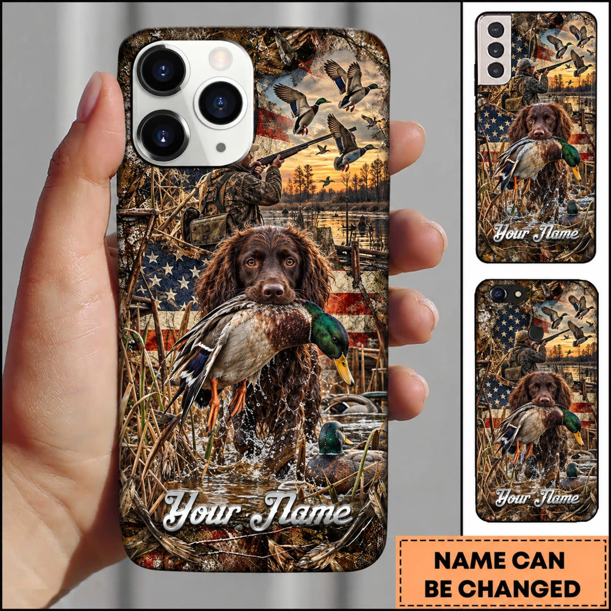 Maxcorners Duck Hunting German Shorthaired Pointer American Flag Golden Forest Personalized Name 3D Phone Case - Boykin Spaniel
