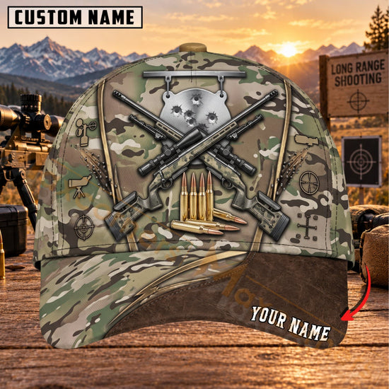 Maxcorners Long Range Shooting Camo Skull Crossed Rifles Personalized Name 3D Cap