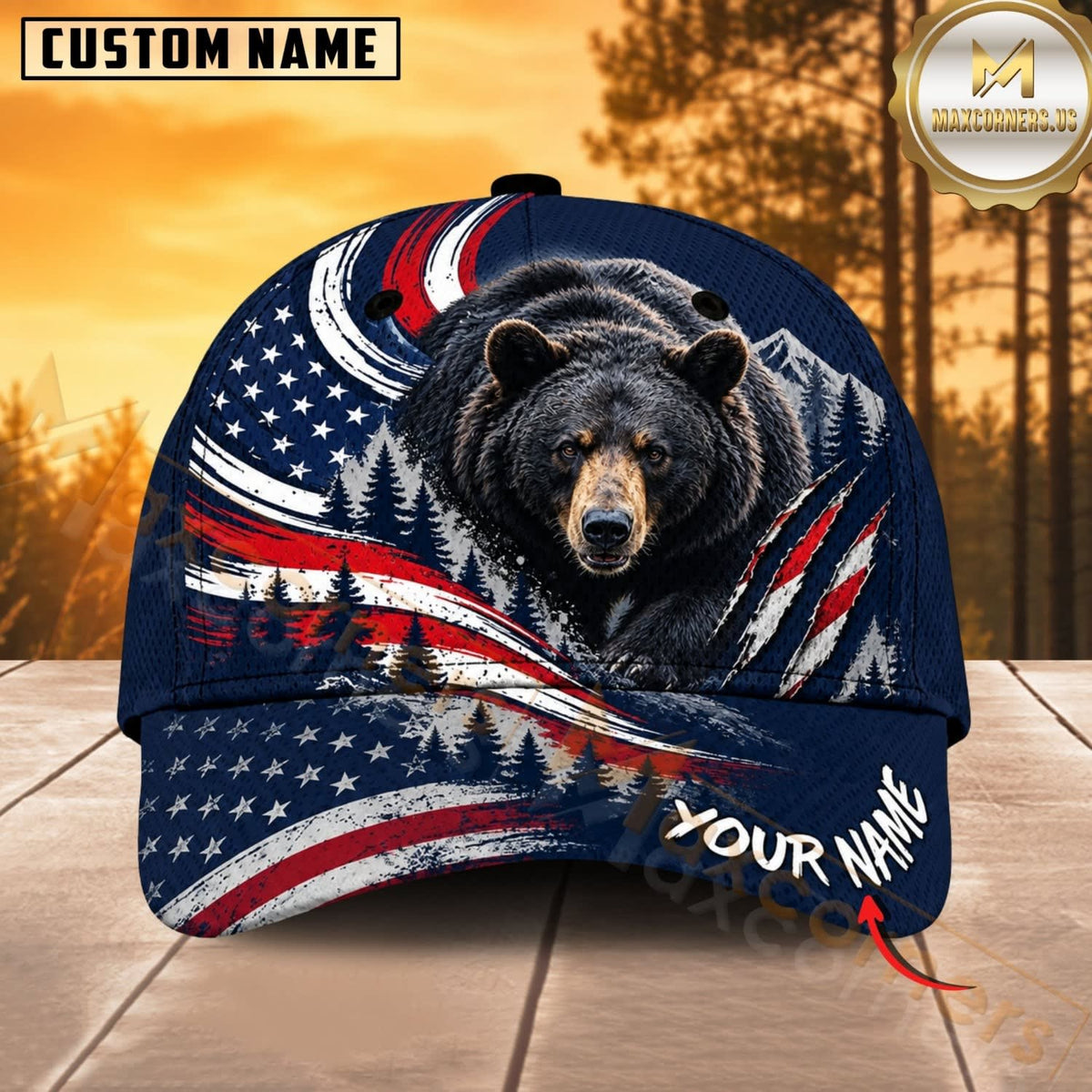 Maxcorners Hunting Wildlife Navy Blue American Flag Wave Personalized Name 3D Cap