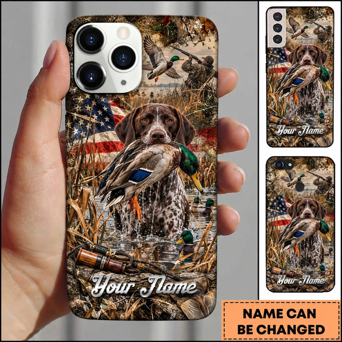 Maxcorners Duck Hunting German Shorthaired Pointer American Flag Golden Forest Personalized Name 3D Phone Case - German Shorthaired Pointer