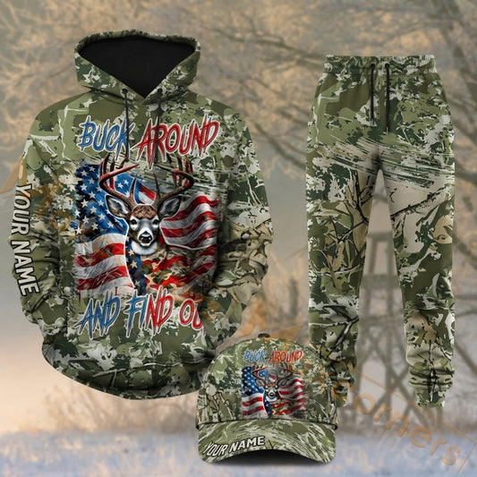 Maxcorners Hunting Buck Around And Find Out Patriotic Deer Camo Personalized 3D Shirts