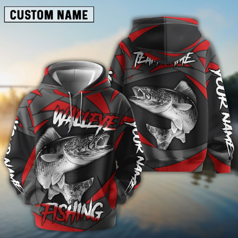 Maxcorners Walleye Fishing Red Gray Spinning Pattern Personalized Name, Team Name 3D Long Sleeve Shirt