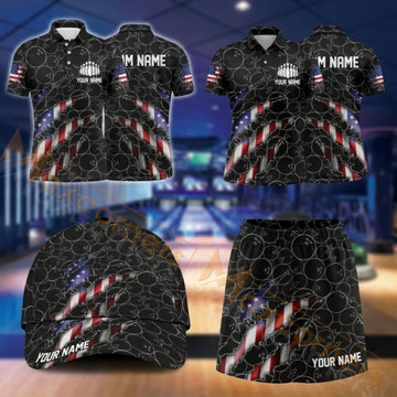 Maxcorners Bowling Black Red Lightning Abstract Design Personalized Team Sportswear Set - Polo Shirt, Cap & Skorts