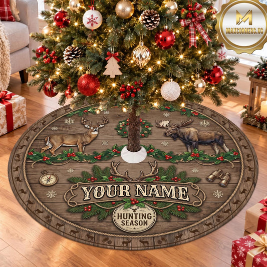 Maxcorners Hunting Rustic Antler Camp Badge Personalized Name 3D Christmas Tree Skirt