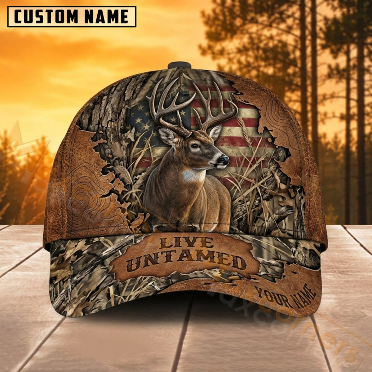 Maxcorners Deer Hunting Woodland Camo Live Untamed Personalized Name 3D Cap