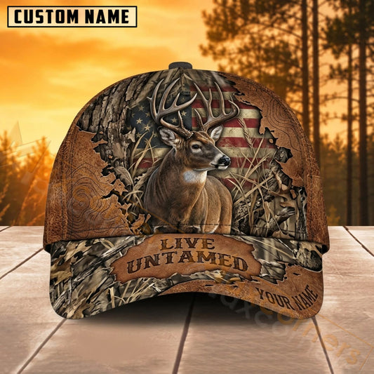 Maxcorners Deer Hunting Woodland Camo Live Untamed Personalized Name 3D Cap