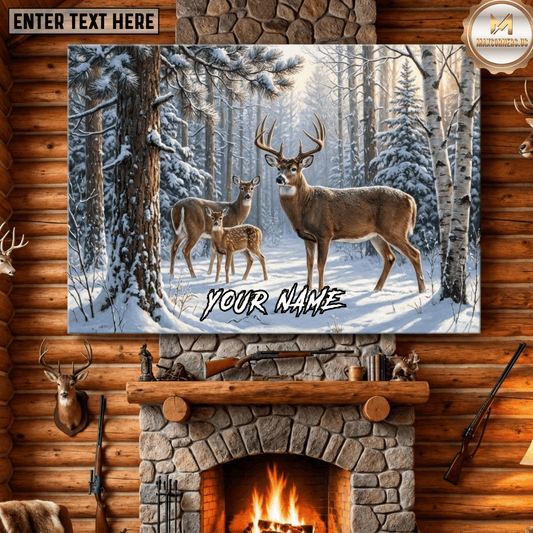 Maxcorners Deer Hunting Deer Family Buck Doe Fawn Snowy Winter Forest Scene Canvas Wall Art