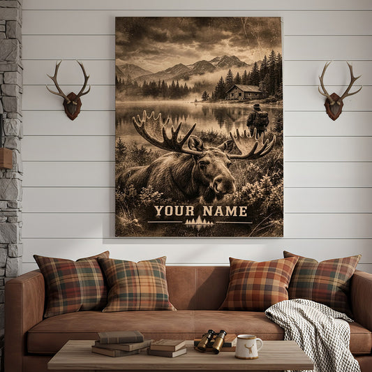 Maxcorners Moose Hunting Snowy Mountain Forest Personalized Canvas Wall Art