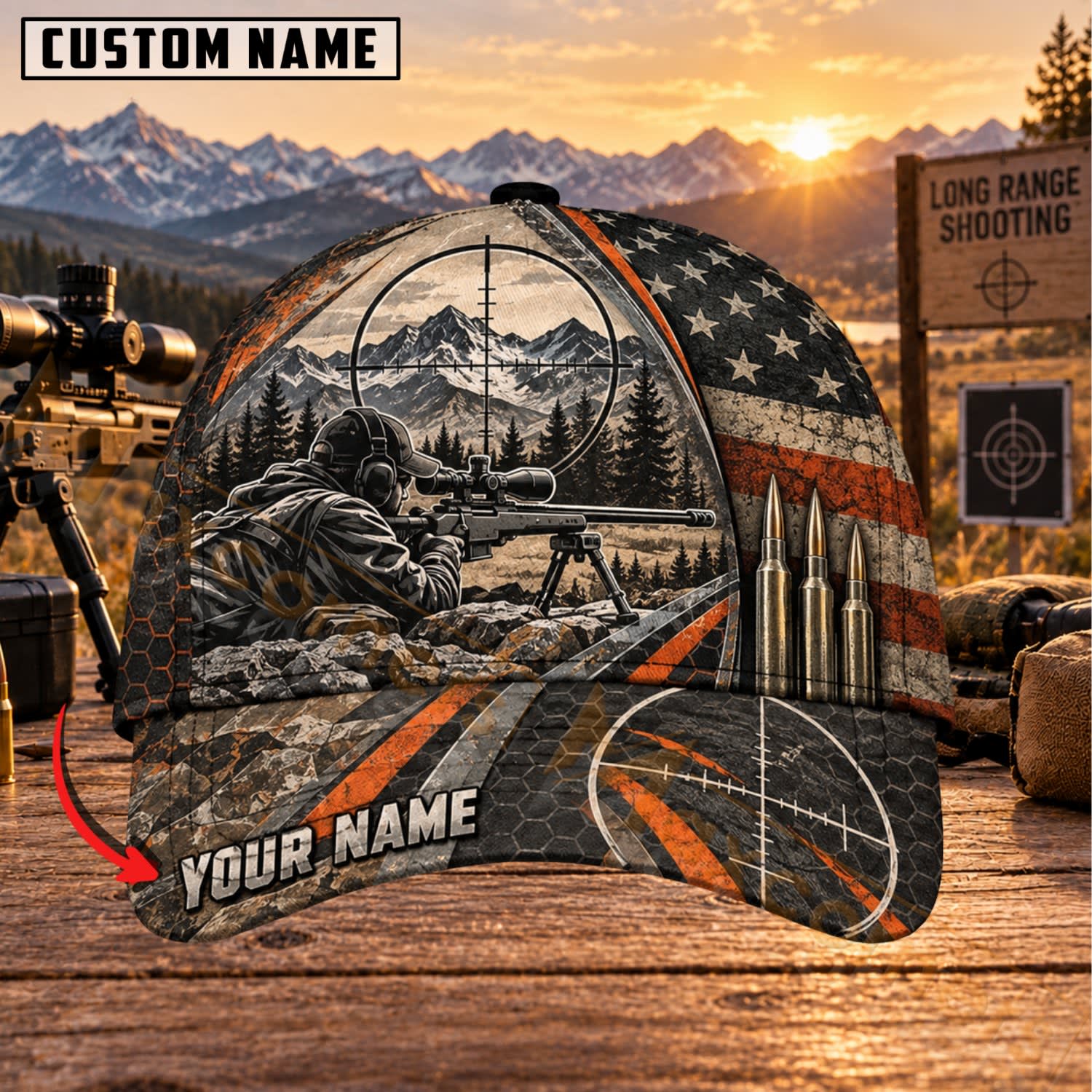 Maxcorners Long Range Shooting Woodland Marksman American Flag Personalized Name 3D Cap