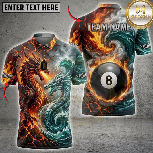 Maxcorners Billiards Fire And Water Dragon Black 8 Ball Personalized Name 3D Unisex Shirt