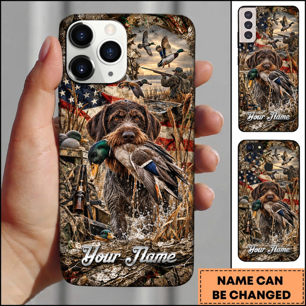 Maxcorners Duck Hunting German Shorthaired Pointer American Flag Golden Forest Personalized Name 3D Phone Case - German Wirehaired Pointer