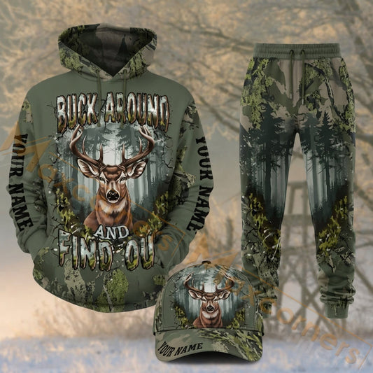 Maxcorners Hunting Buck Around And Find Out Deer Forest Green Camo Personalized 3D Shirts