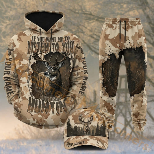 Maxcorners Hunting Deer Antlers Vintage Tan Woodland Camo Personalized 3D Combo Hoodie, Sweatpants Set & Cap