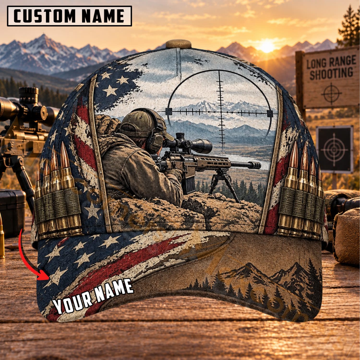 Maxcorners Long Range Shooting Patriotic Mountain Sniper Personalized Name 3D Cap