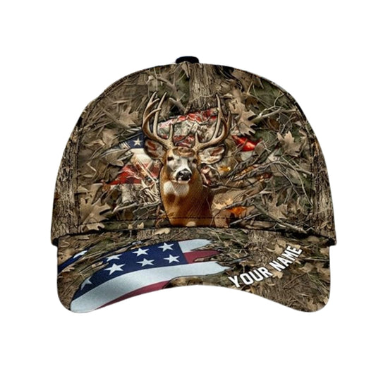 Maxcorners Personalized US Flag Deer Hunting Baseball Cap, Custom Patriotic Deer Hunting Caps LM0402