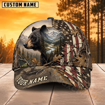 Maxcorners Bear Hunting American Flag Wilderness Personalized Name 3D Cap
