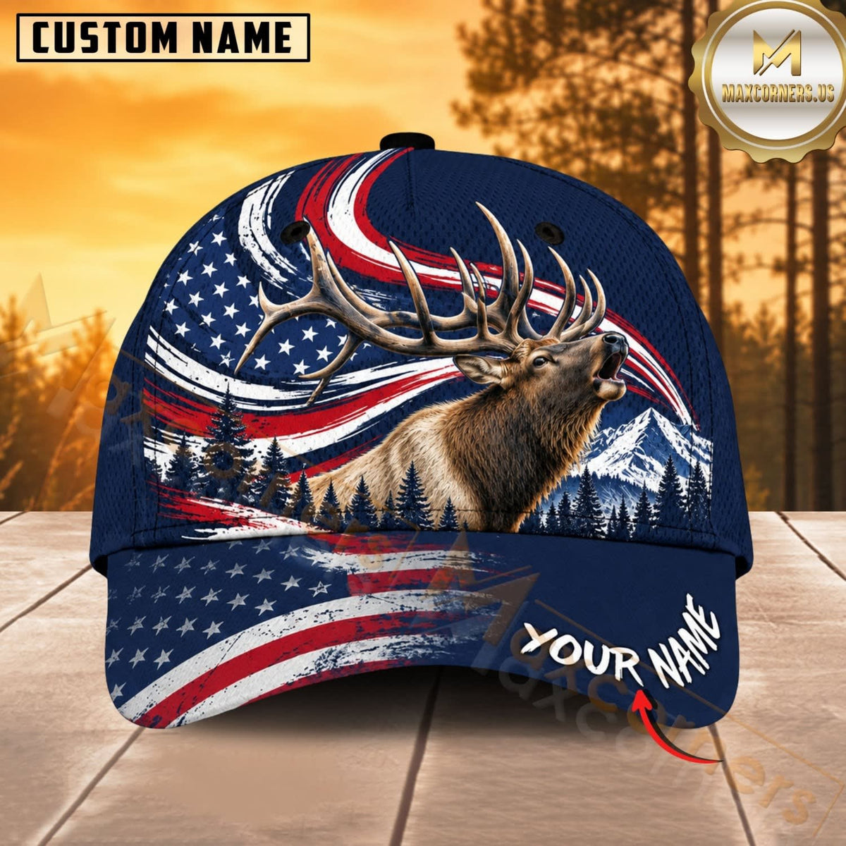 Maxcorners Hunting Wildlife Navy Blue American Flag Wave Personalized Name 3D Cap