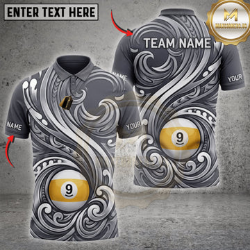 Maxcorners Billiards Silver Maori Tribal Nine Ball Swirl Personalized Name 3D Unisex Shirt