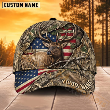 Maxcorners Deer Hunting American Flag Woodland Camo Personalized Name 3D Cap
