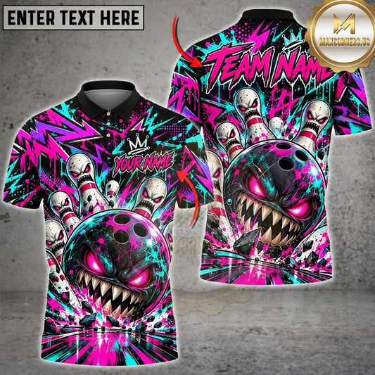 Maxcorners Bowling Evil Monster Teeth Abstract Neon Geometric Pins Strike Artwork Multicolor Customized Name, Team Name 3D Shirts