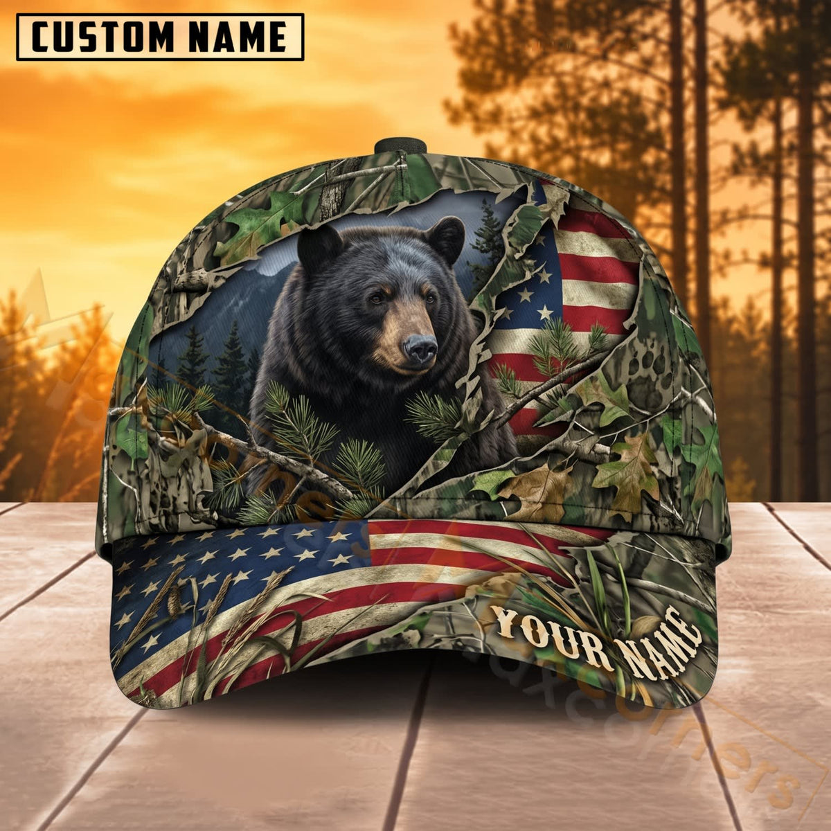 Maxcorners Bear Hunting American Flag Forest Personalized Name 3D Cap