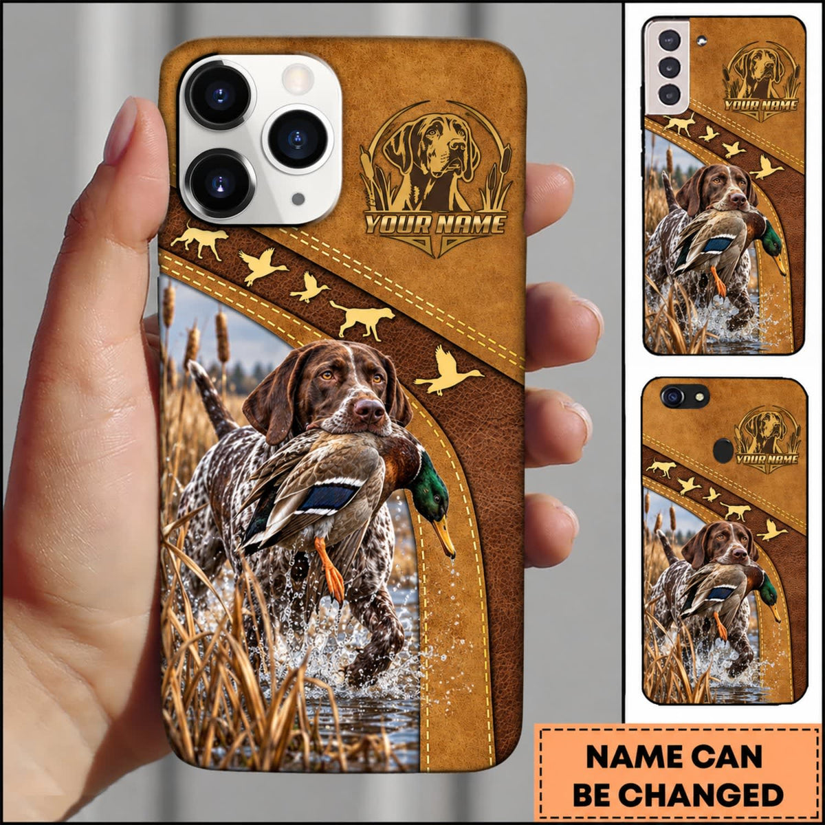 Maxcorners Duck Hunting German Wirehaired Pointer Brown Gold Hunting Badge Personalized Name 3D Phone Case - German Shorthaired Pointer