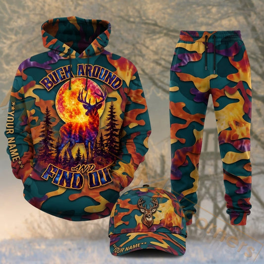 Maxcorners Hunting Deer Hunting Campfire Colorful Camo Personalized 3D Combo Hoodie, Sweatpants Set & Cap