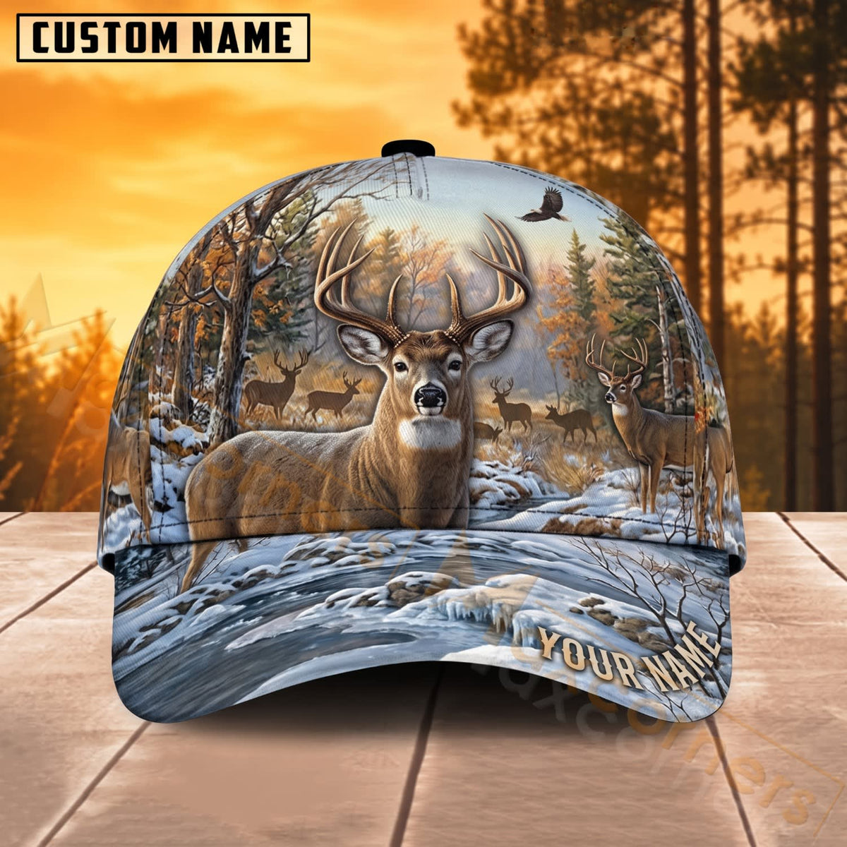 Maxcorners Deer Hunting Winter Forest Buck Personalized Name 3D Cap