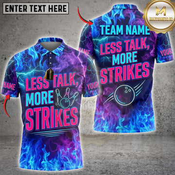 Maxcorners Bowling Blue Flame Less Talk More Strikes Personalized Name 3D Unisex Shirt