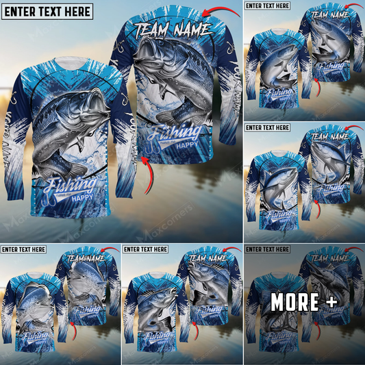 Maxcorners Fishing Blue Jersey Sport Pattern Sun Protection Personalized Name Team Name 3D Shirts (6 Fish Species)
