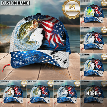 Maxcorners Fishing Largemouth Bass USA Flag Custom Name Personalized Cap (12 Fish Species)