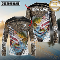 Maxcorners Walleye Fishing American Flag Scratch Grass Camo Custom Name & Team Name 3D Shirts