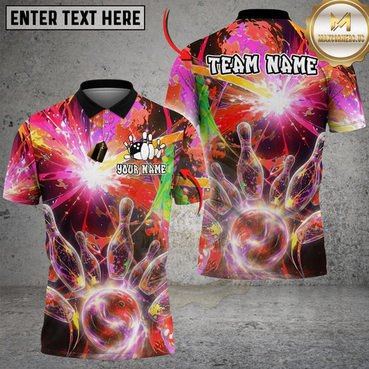 Maxcorners Bowling And Pins Vibrant Nebula Customized Name, Team Name 3D Shirt (4 Colors)