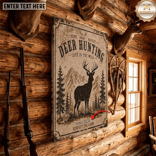 Maxcorners Deer Hunting Vintage Poster Buck Mountain Pine Forest Hunt Pray Repeat Canvas Wall Art
