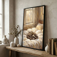 Maxcorners Sleeping Raccoon on Cozy Bed Soft Morning Light Canvas Wall Art