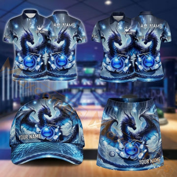 Maxcorners Bowling Blue Ice Dragon Design Personalized Team Sportswear Set - Polo Shirt, Cap & Skorts