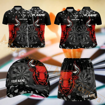 Maxcorners Darts Black Red Skull Dartboard Design Personalized Team Sportswear Set - Polo Shirt, Cap & Skorts