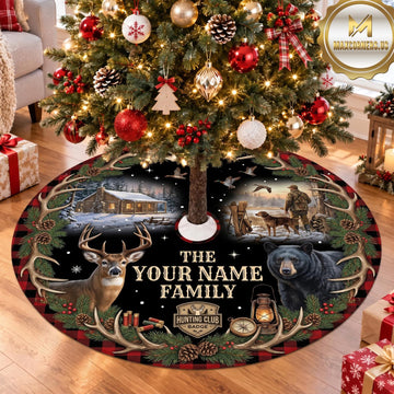 Maxcorners Hunting Deer Bear Black Woodland Family Personalized Name 3D Christmas Tree Skirt