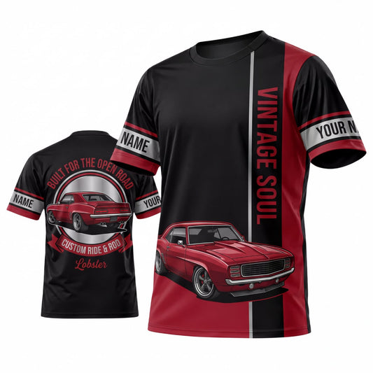 Maxcorners Personalized Car Classic Muscle Car 3D T-Shirt – Black Red Vintage Spirit and Red Classic Car