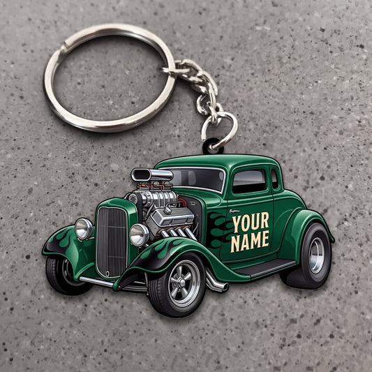 Maxcorners Hot Rod Forest Green Classic Roadster with Exposed Engine Personalized Name 3D Keychain And Ornament