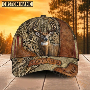 Maxcorners Whitetail Deer Hunting Brown Leather Stay Wild Personalized Name 3D Cap
